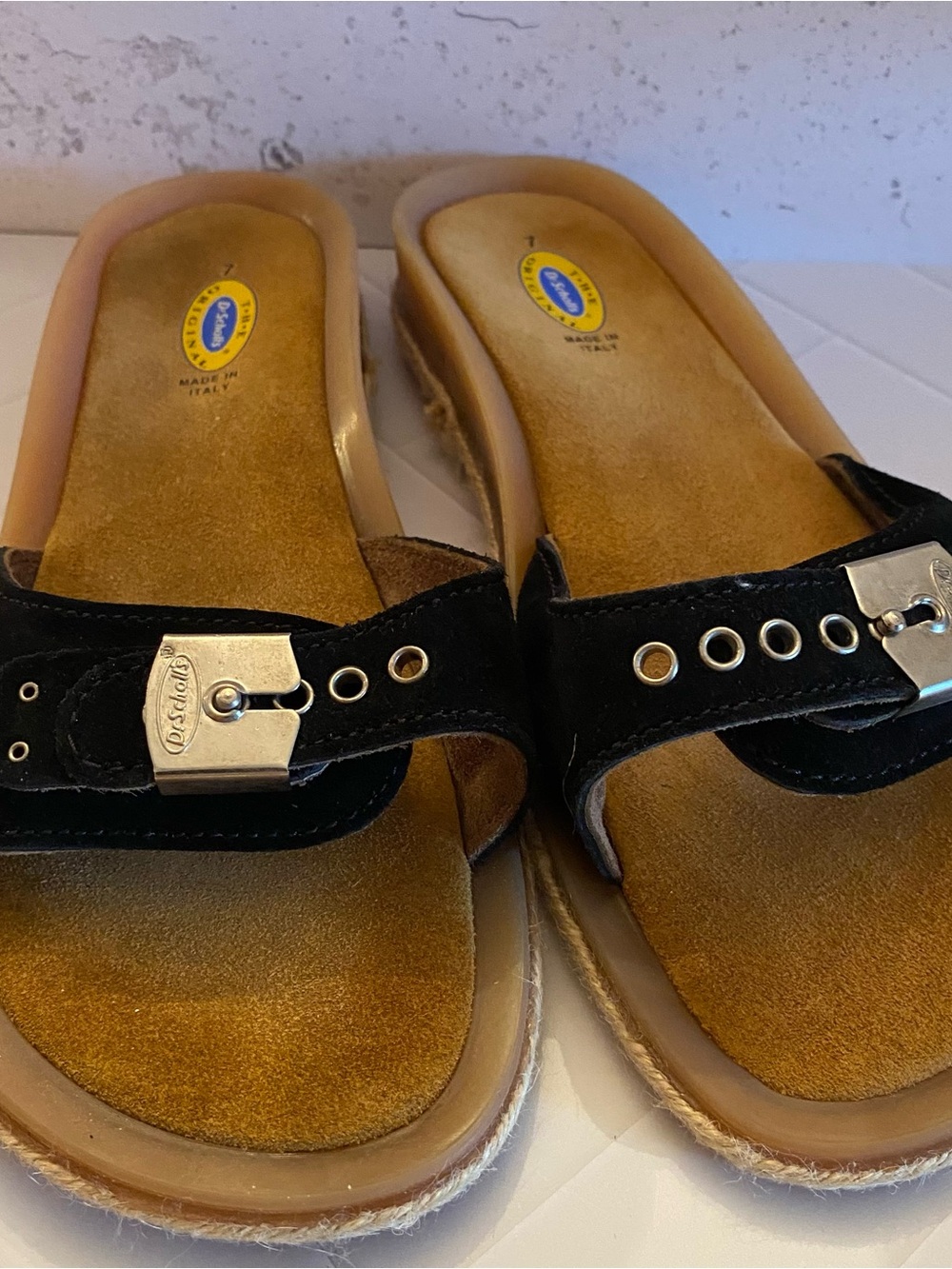 Vintage Dr. Scholl's Black Suede Slide Sandals with Silver Buckle